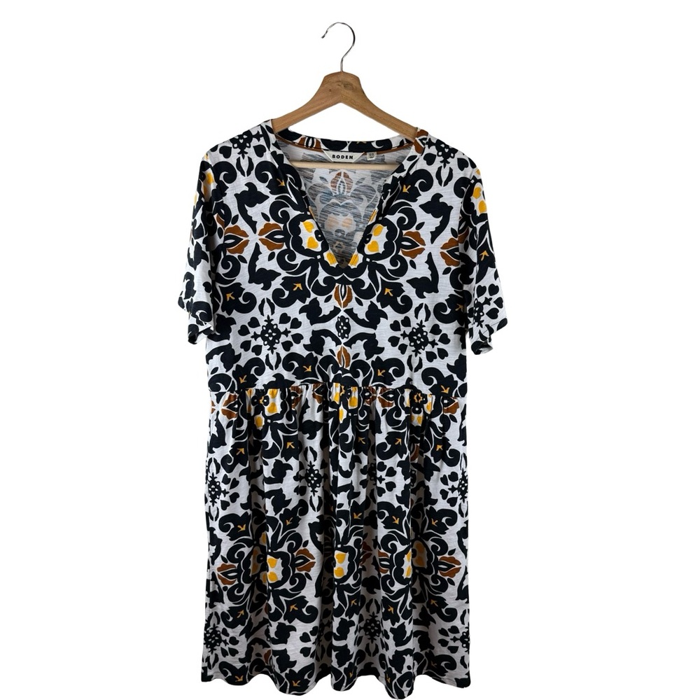 Boden Black Easy Notch Neck Jersey Dress Floral 100% Cotton Size 14 - Picture 3 of 9